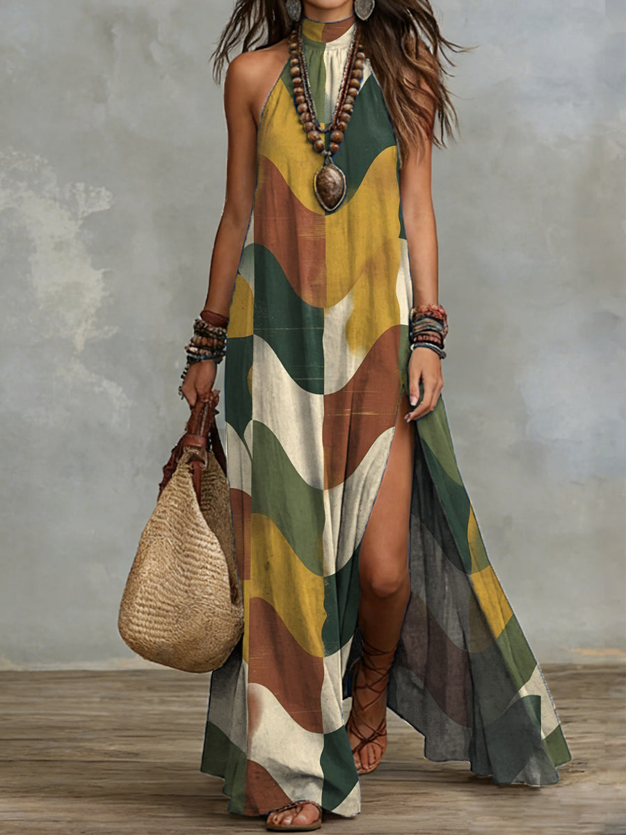 Bohemian-style Color-block Plaid Art Print Halter Neck Slit Cotton-linen Dress