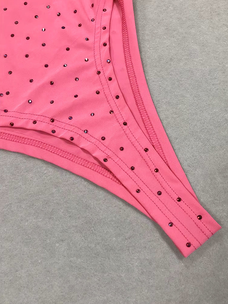Halter Sparkly Ruched Maxi Two Piece Dress Hot Pink