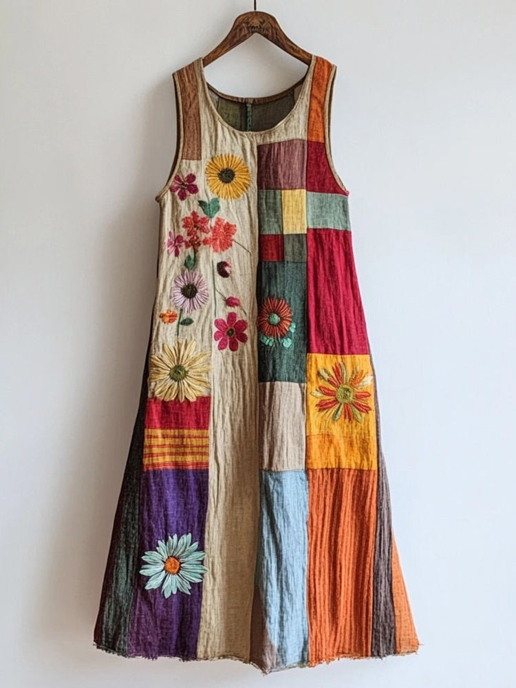 Colorful Patchwork Floral Embroidered Linen Blend Dress
