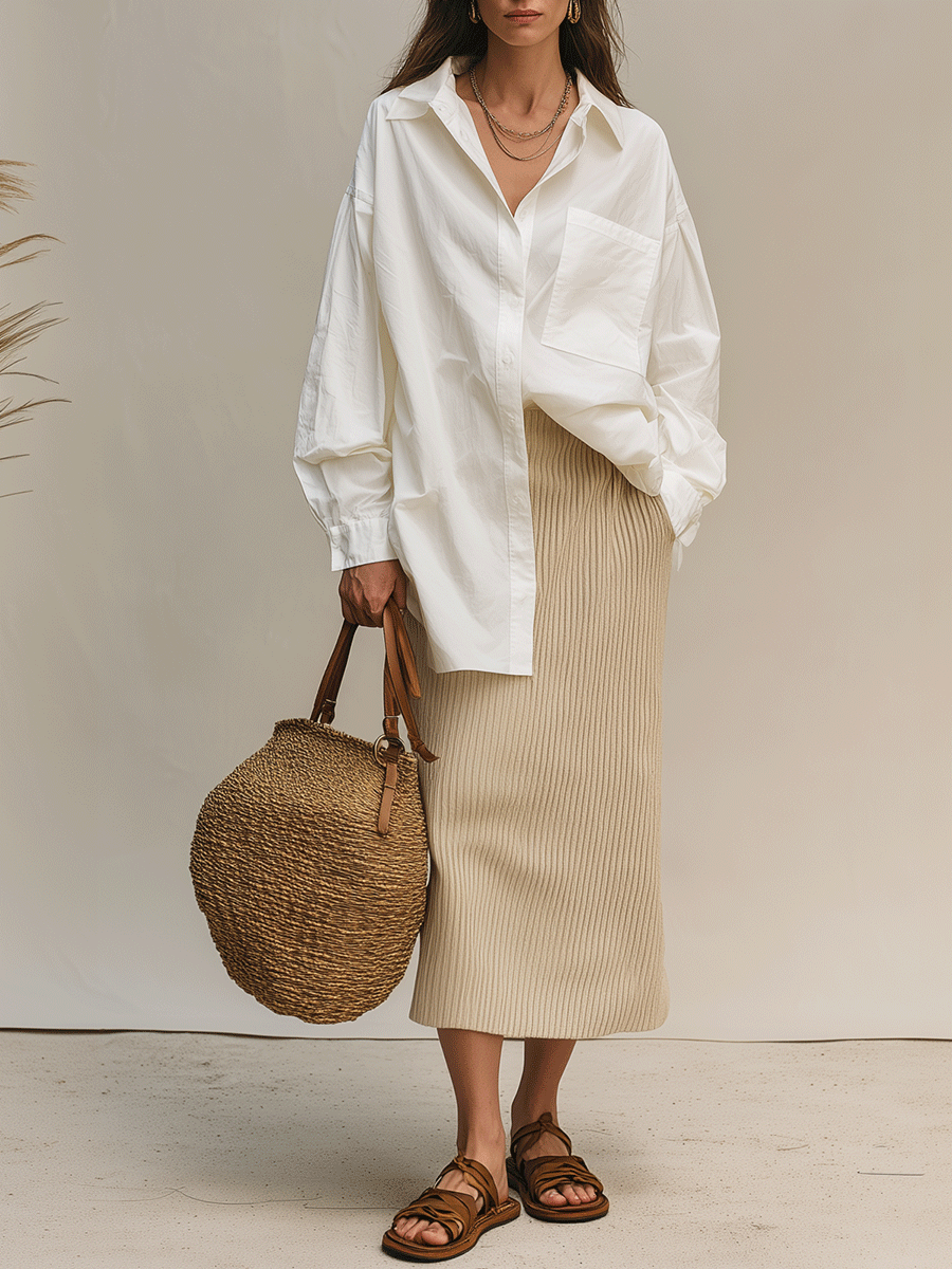 Modern Bohemian White Shirt & Soft Ribbed Midi Skirt Set