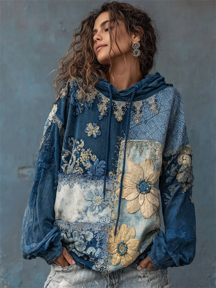 Boho Floral Fiber Art Colorblock Stitched Hoodie