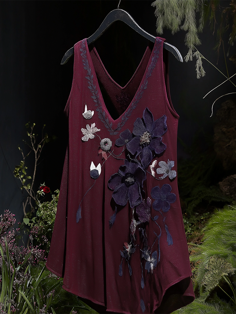 Vintage Ethnic Floral Embroidered Linen Sleeveless Top