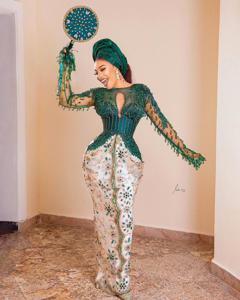 Emerald Beaded Luxury Dress, Birthday dress, African clothing, African fashion,Gift for her,Wedding Guest,Owanbe,Engagement Dress,Photoshoot