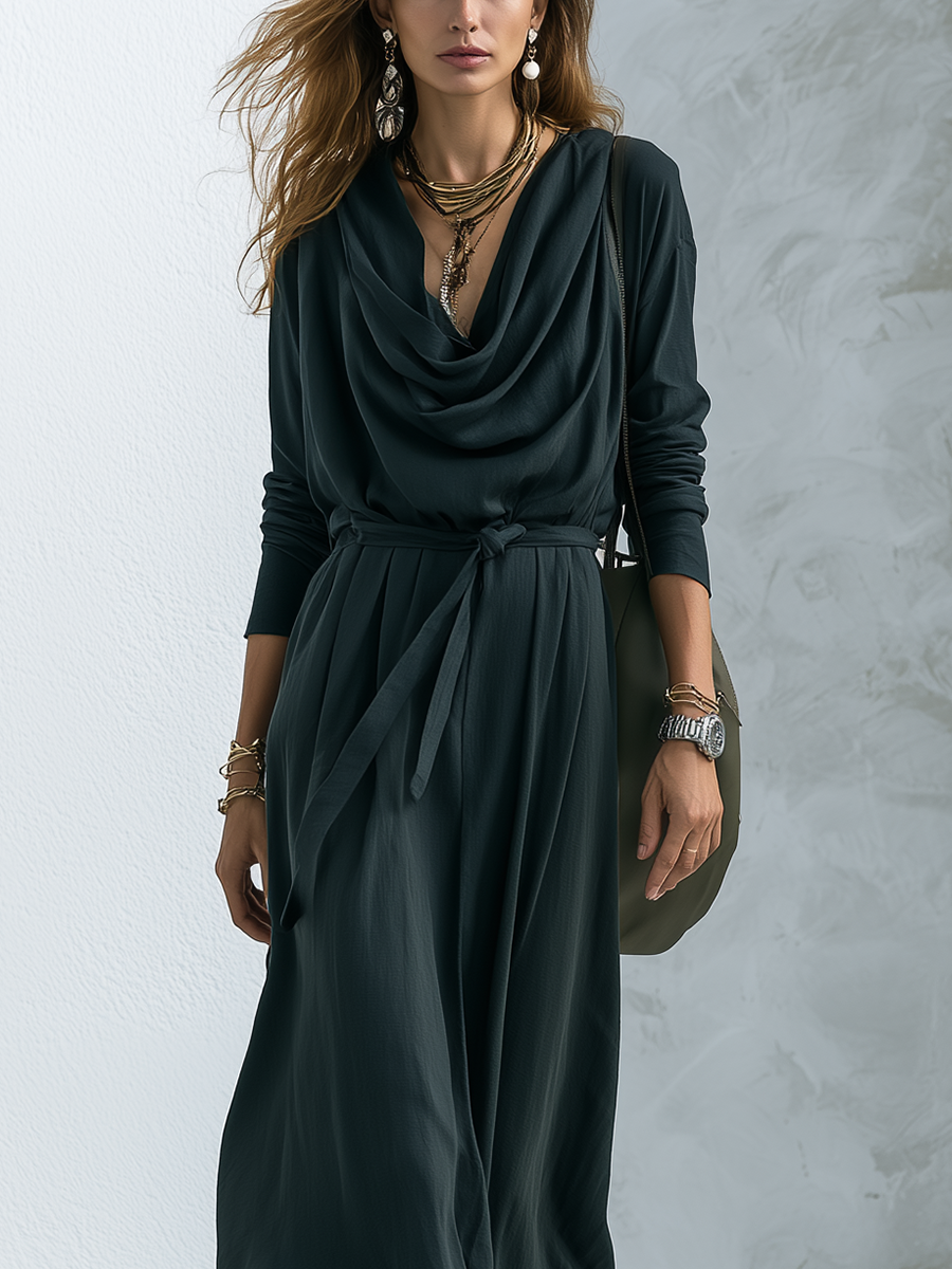 Minimalist Dark Green Draped Cowl Neck Maxi Dress