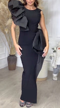 Women's Black Round-Neck Asymmetrical Ruffled Fishtail Evening Gown