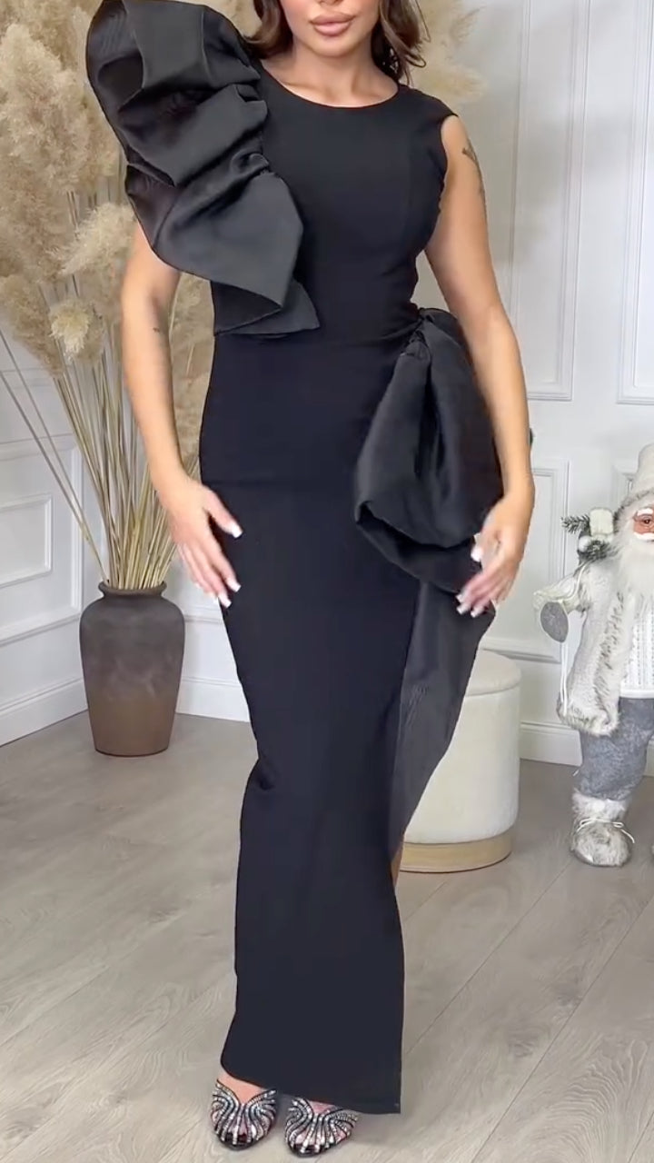 Women's Black Round-Neck Asymmetrical Ruffled Fishtail Evening Gown