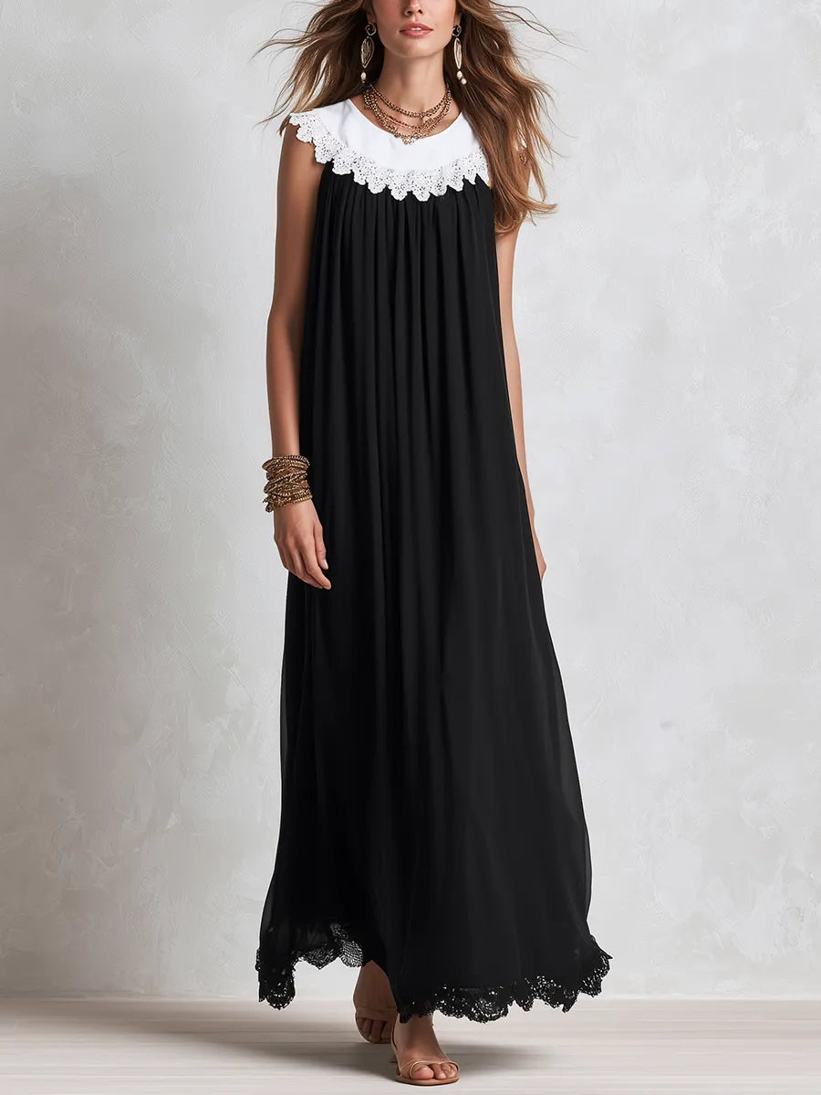 Bohemian Lace And Chiffon Color Block Maxi Dress