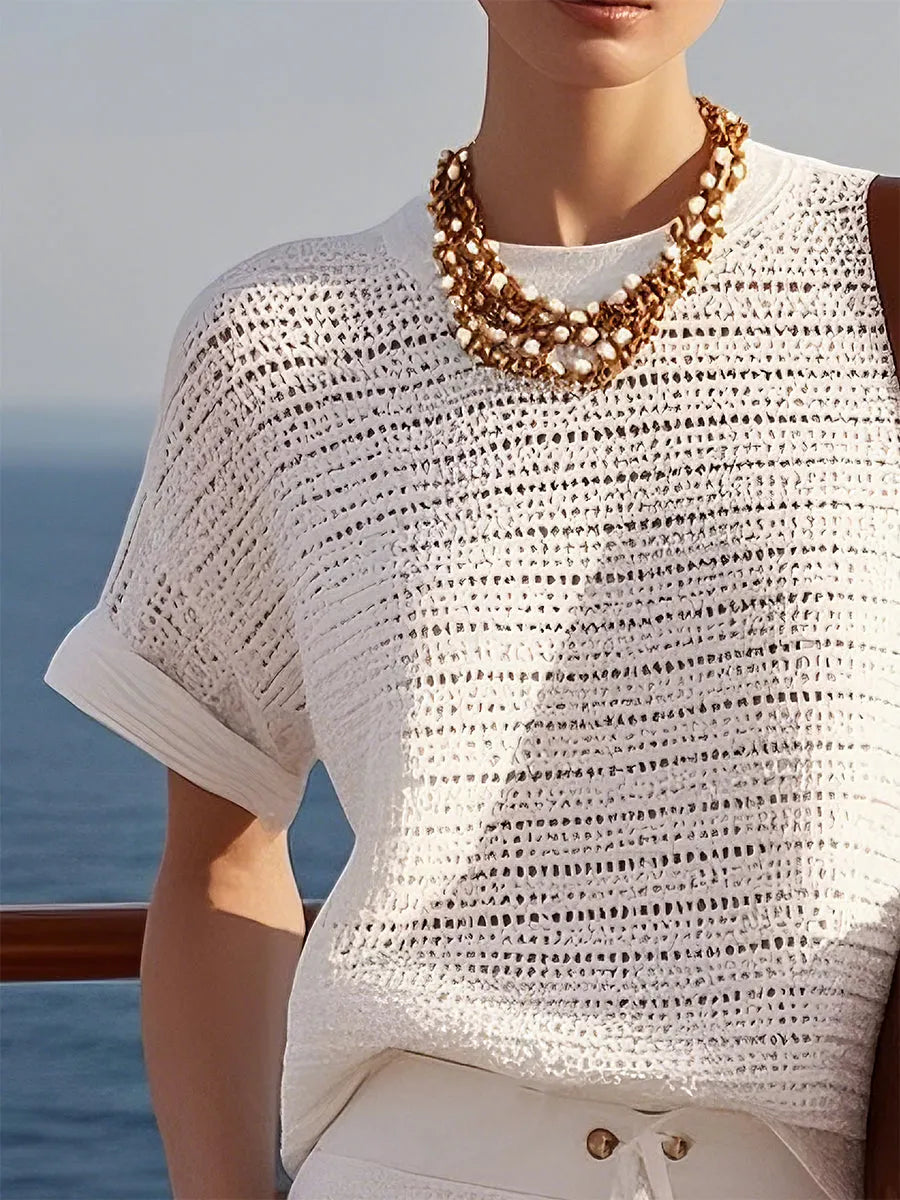 [24-hour shipping out]Casual Fashionable Holiday Style Hollow Knitted White Short-Sleeved Shorts Suit
