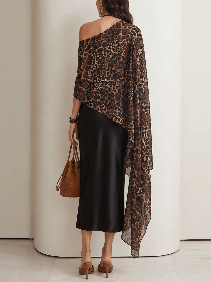 Glam Boho Leopard Chiffon Cape Top & Black Satin Maxi Skirt Set