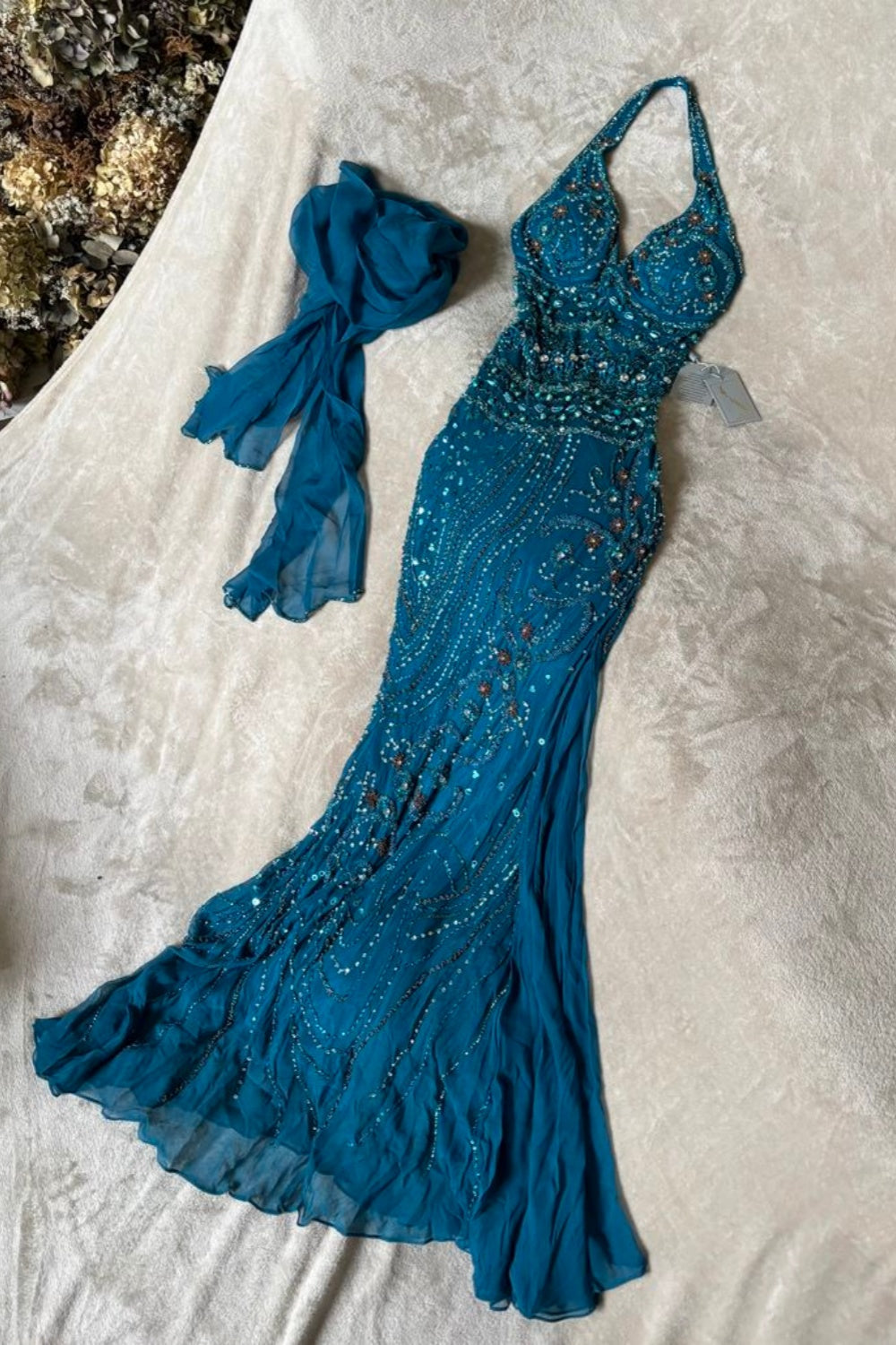 Blue delicate beaded chiffon long dress