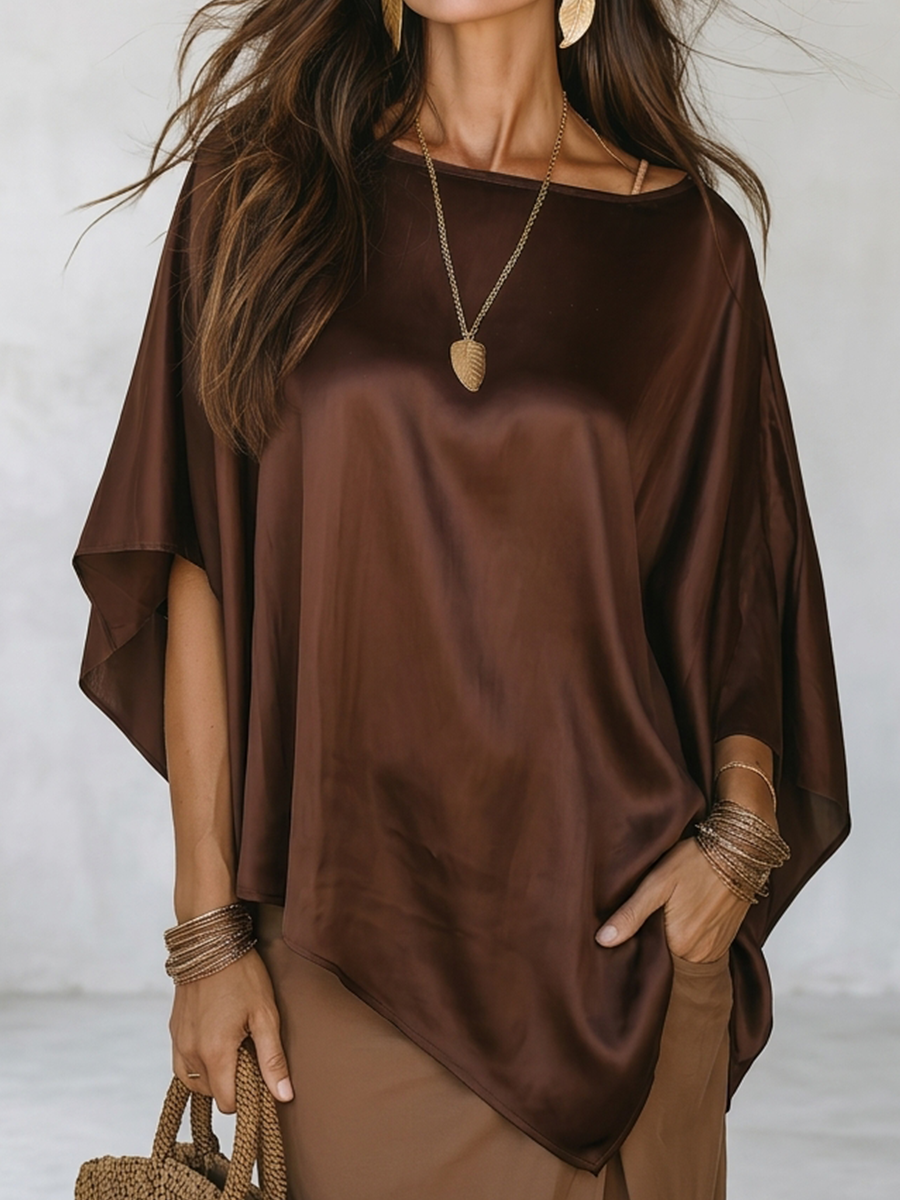 Elegant Silky Cape Sleeve Asymmetric Hem Loose Top
