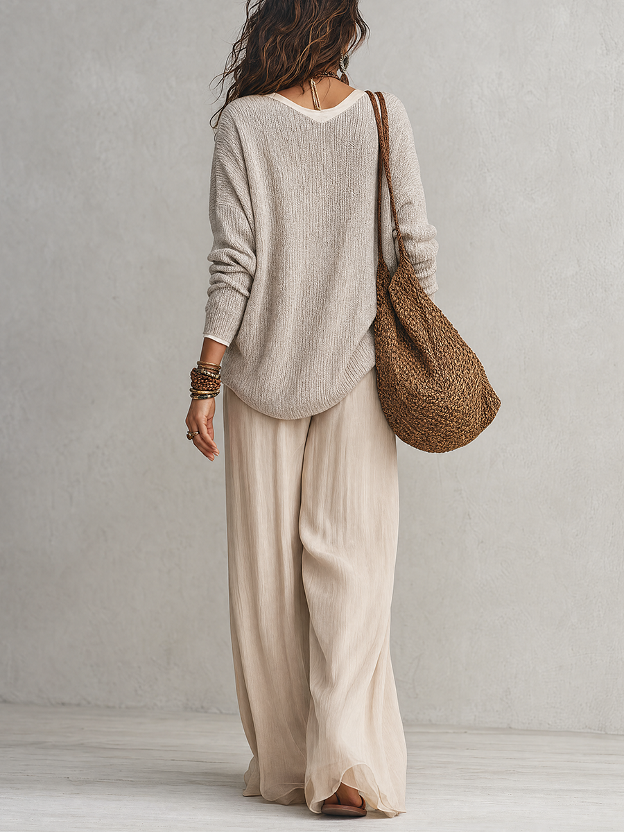 Relaxed Coastal Knit Sweater & Palazzo Pants Outfit Set