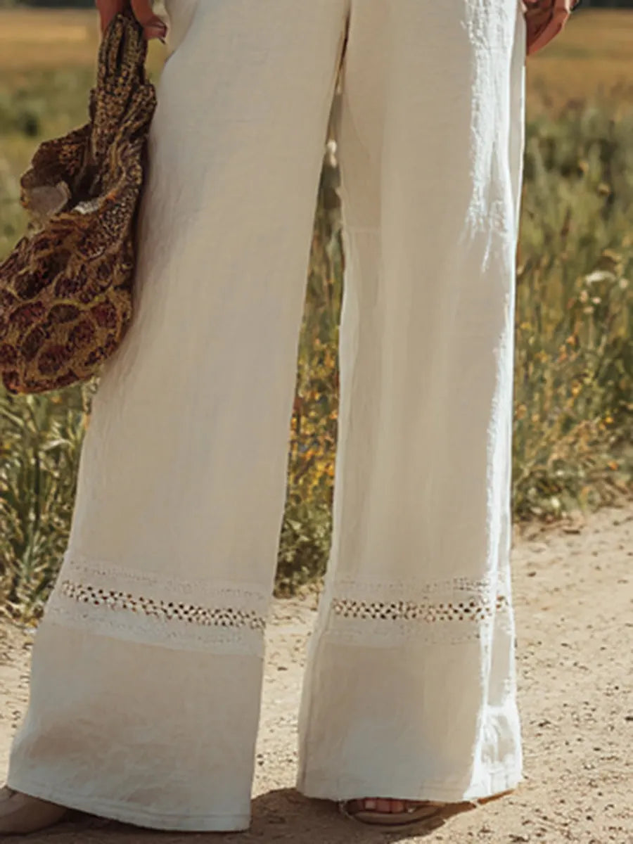 [24-hour shipping out]Women's White Linen Sleeveless Suspender Button Jumpsuit With Lace Design