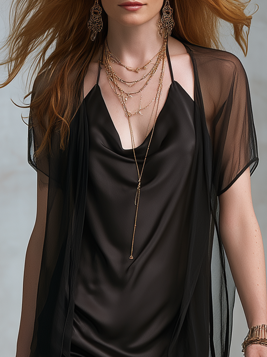 Elegant Black Satin Draped Neck Vest And Tulle Jacket Set