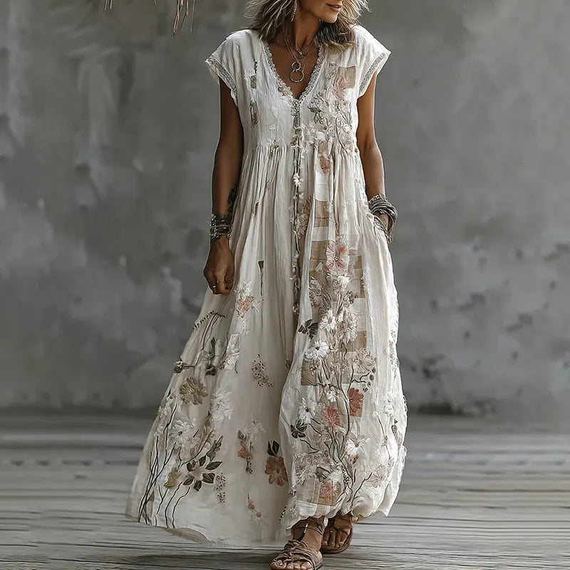 Women's Vintage Floral Embroidery Art And Patchwork V Neck Maxi Dress
