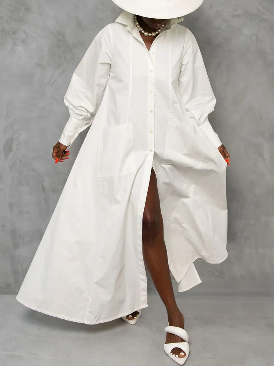 Split-side Split-front Solid Color Pockets Buttoned Loose Long Sleeves Lapel Shirt Dress Maxi Dresses