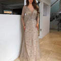 Dreamy Vow Luxury Dubai Gold Silver Evening Dress Long Sleeve Arabic Muslim Formal Prom Dresses for Women Wedding Party 126
