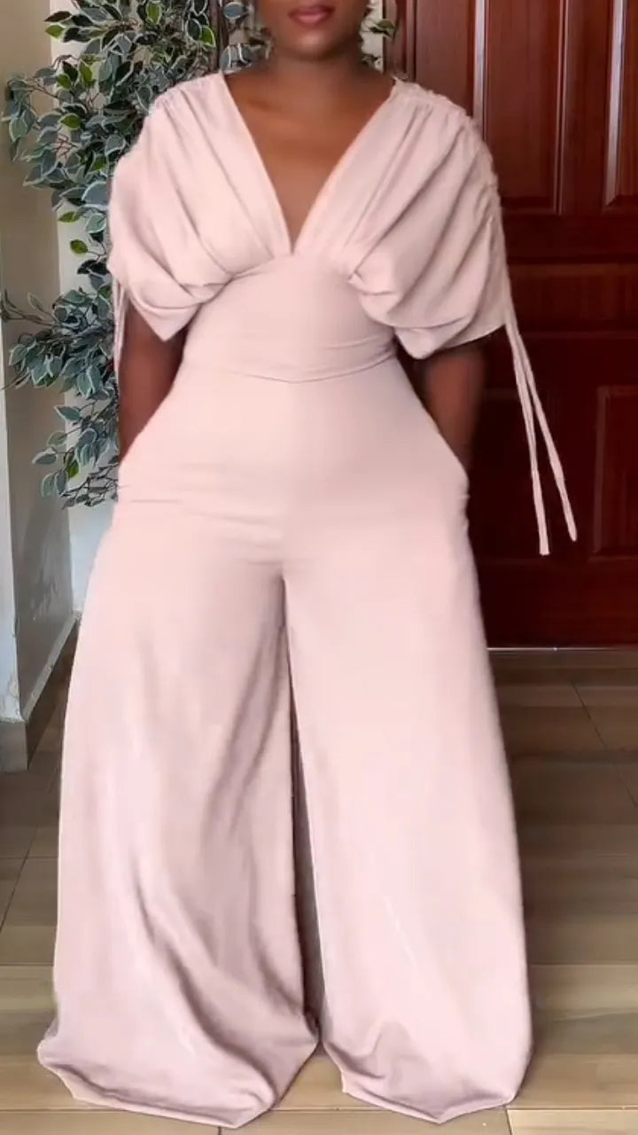V‑Neck Draped Batwing Sleeve Wide Leg Jumpsuit