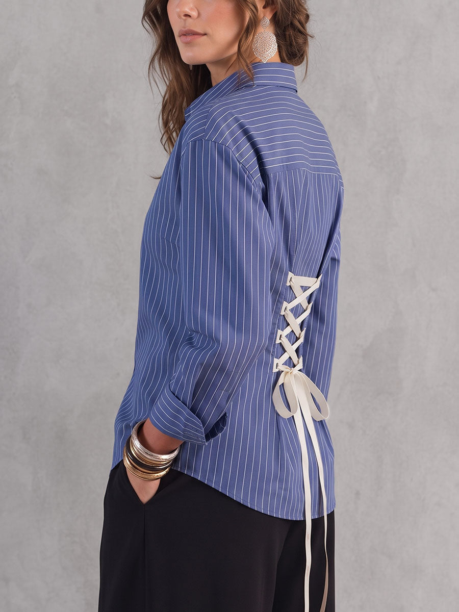 Striped Contrast Color Buttoned Bandage Long Sleeves Lapel Blouses&shirts Tops