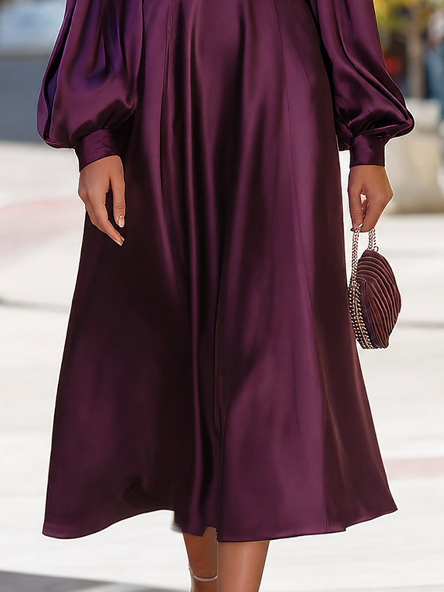 High-Neck Cold-Shoulder Satin Midi Dress