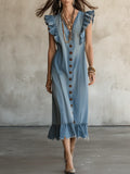 Vintage Western Cotton-Denim Flutter-Sleeve Ruffle-Trim Blue Midi Dress