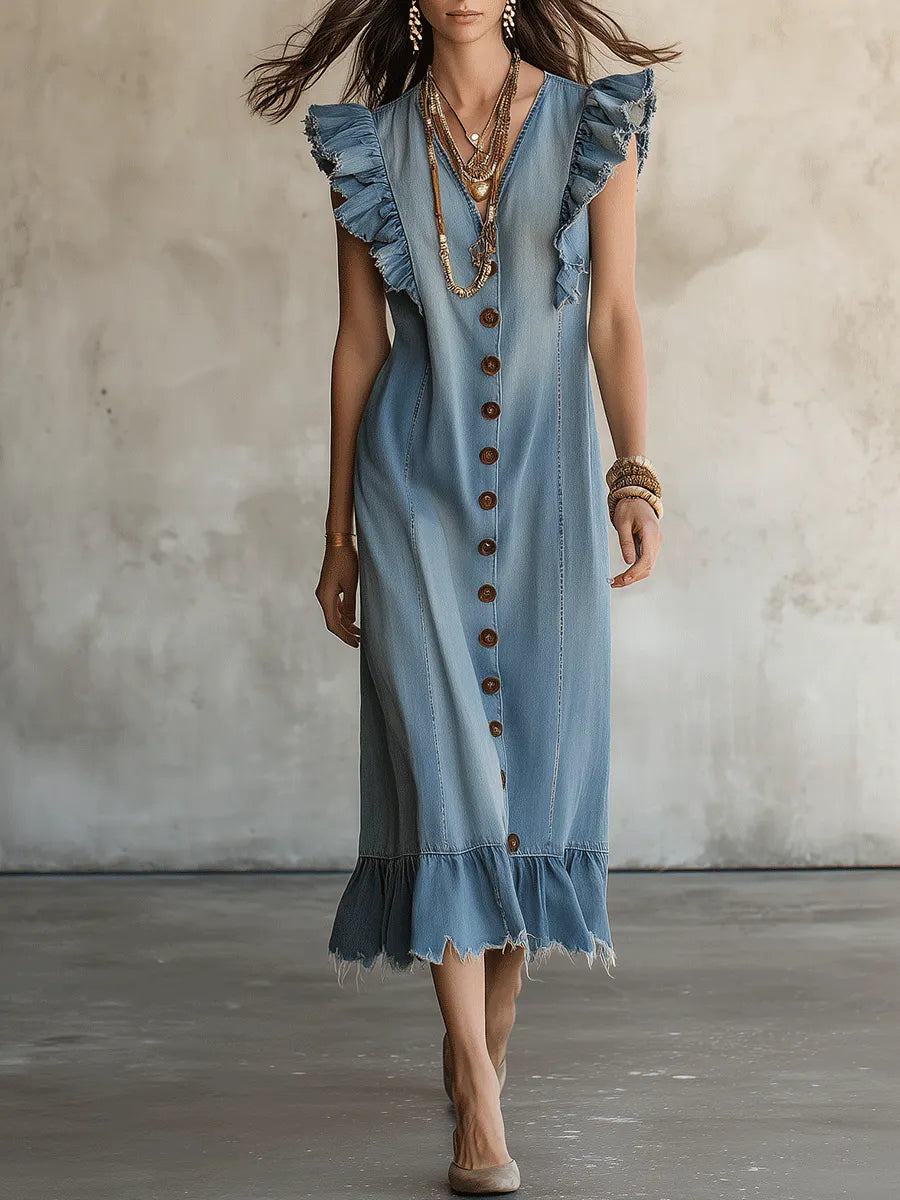 Vintage Western Cotton-Denim Flutter-Sleeve Ruffle-Trim Blue Midi Dress