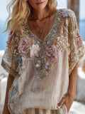 Bohemian Style Breast Cancer Awareness Pink Flower Silver Sequin Small V-neck Short-sleeved Shirt