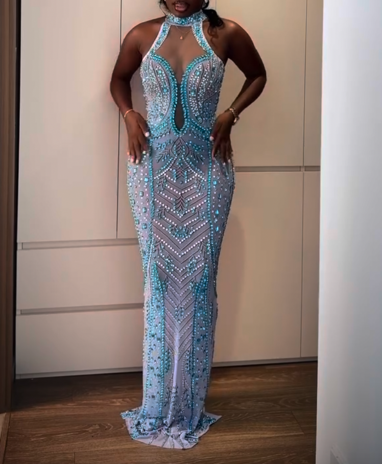 Halter Neck Deep Cutout Turquoise Rhinestone Mermaid Evening Gown, Light Blue Chevron Beaded Formal Maxi Dress