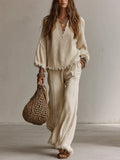 Coastal Boho Fringe Knit Top & Wide Leg Pants Set