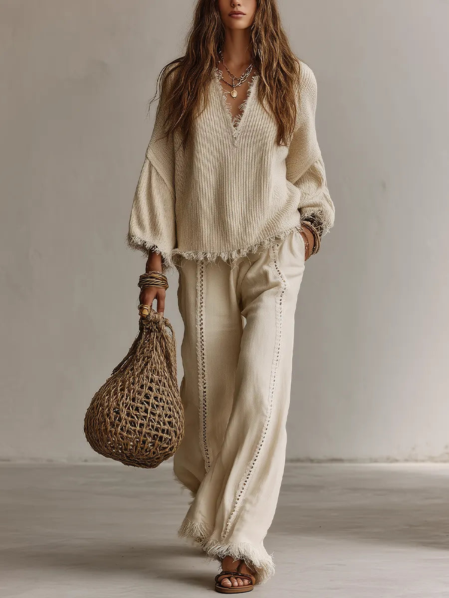 Coastal Boho Fringe Knit Top & Wide Leg Pants Set