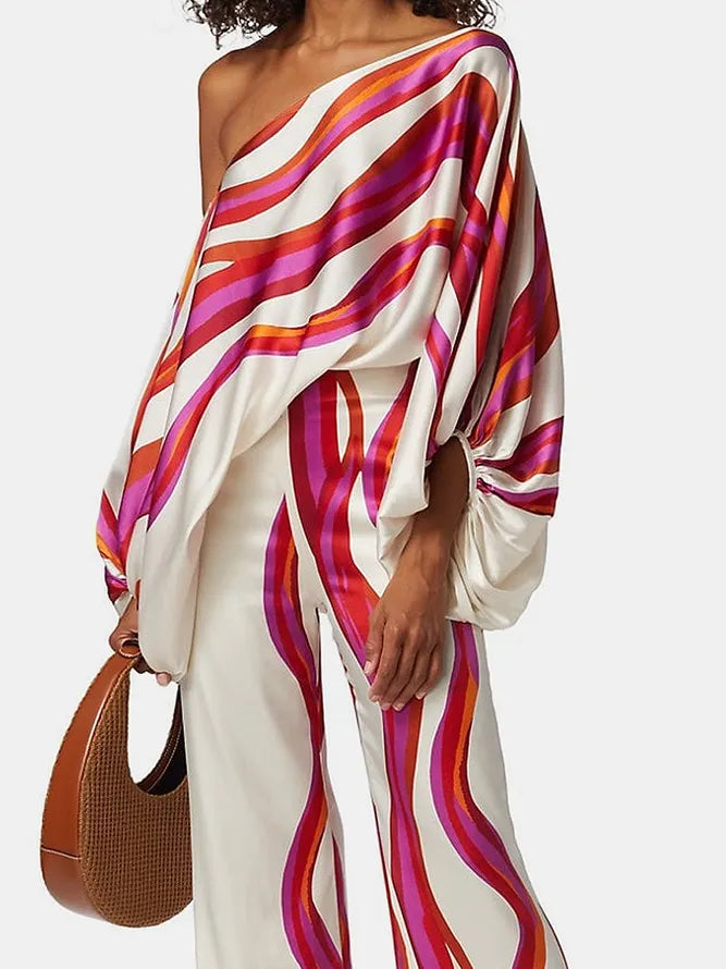 Printed Loose Puff Sleeves Off-the-shoulder Two Pieces Set Pants Set Casual Pants Bottoms Blouses