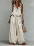 Women's Cotton-linen Embroidered Vest Lantern Wide-leg Pants
