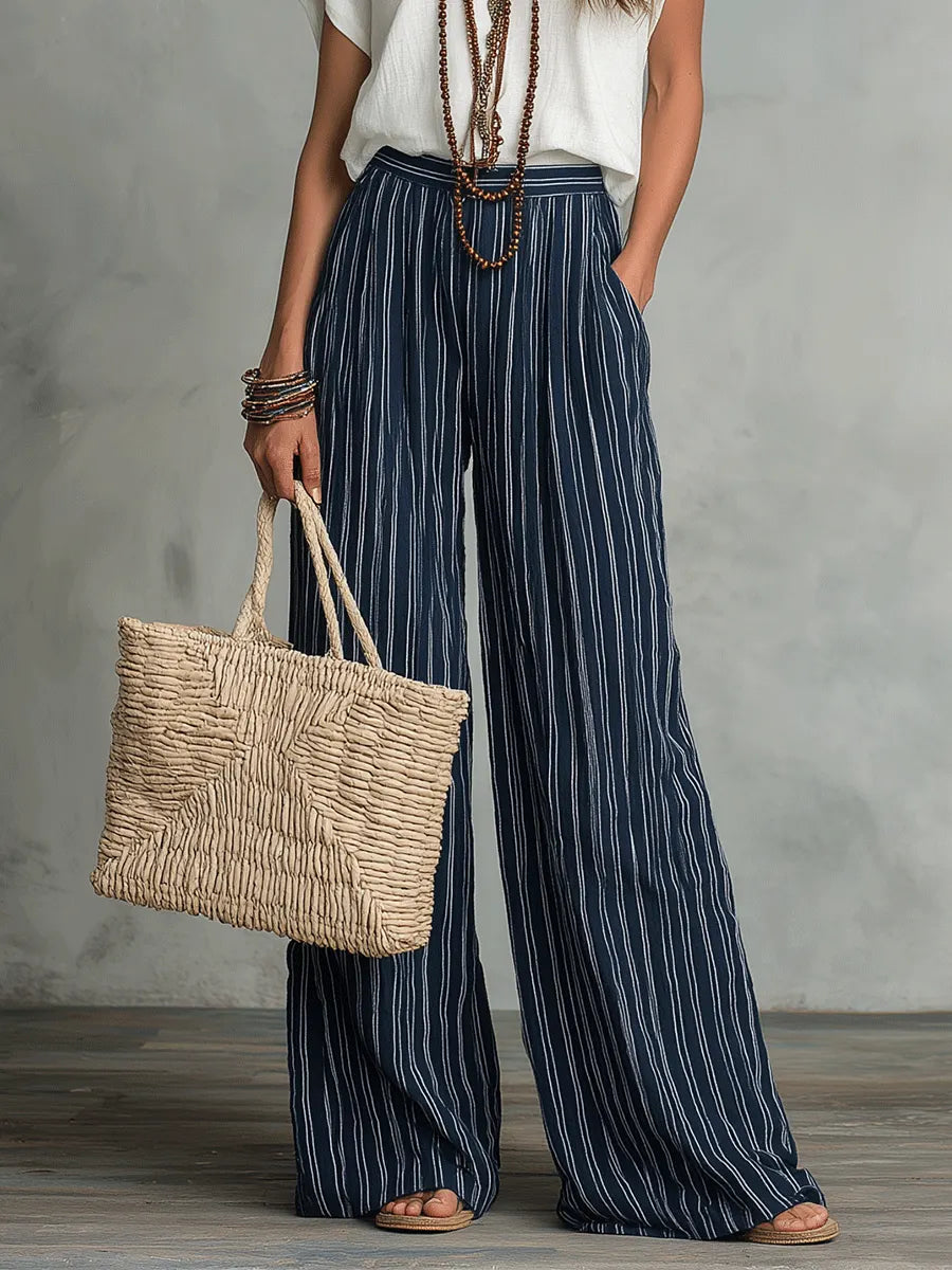 Relaxed Effortless Bohemian Stripe Wide-Leg Pants Set