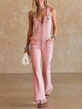 Boho Western Frayed Hem Overall Jumpsuit