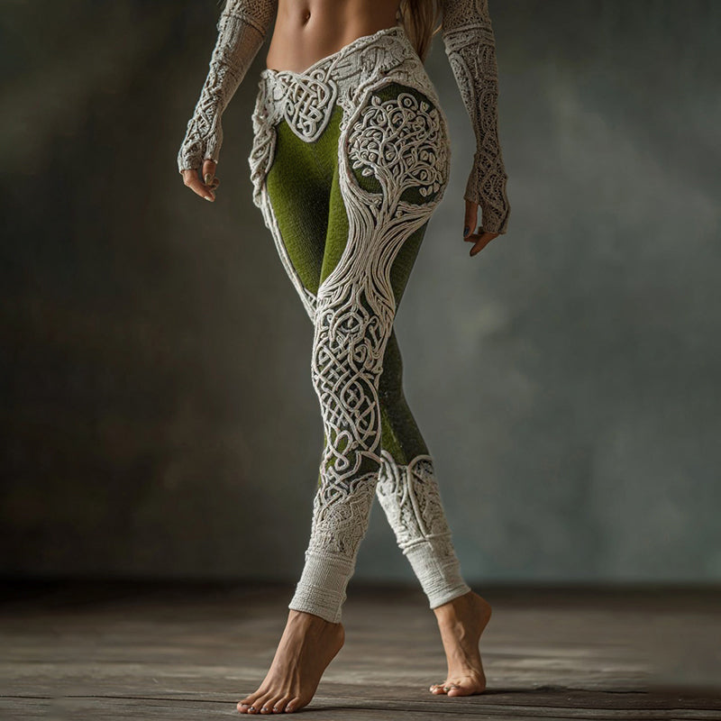 Vintage Viking Tree Of Life Celtic Knot Contrasting Colors Art Knit Cozy Leggings