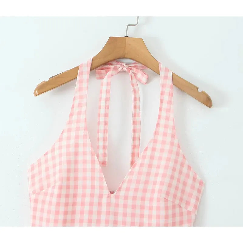 Lilienne Pink Gingham Halter Neck Midi Dress – Summer Picnic Party Dress with Open Back