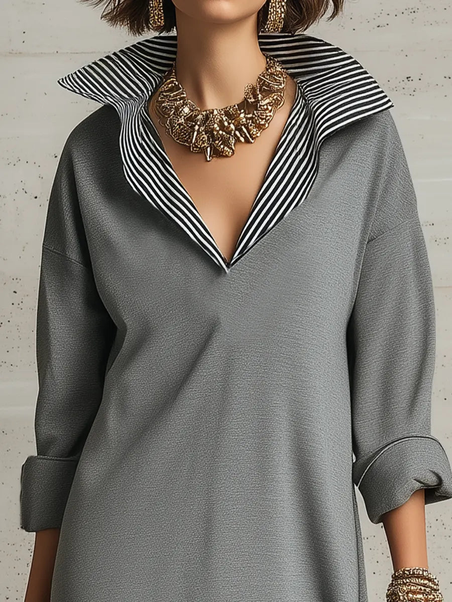 Minimalist Grey Contrast Collar Maxi Dress