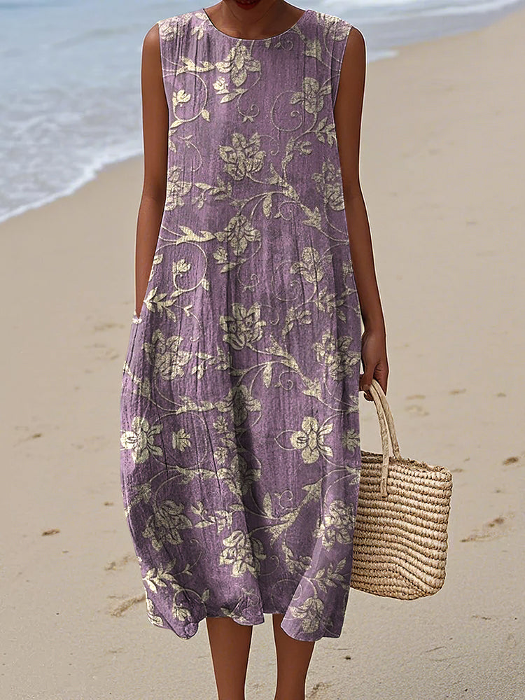 Women's Vintage Folk Art Floral Pattern Print Sleeveless Cotton Wrap Dress