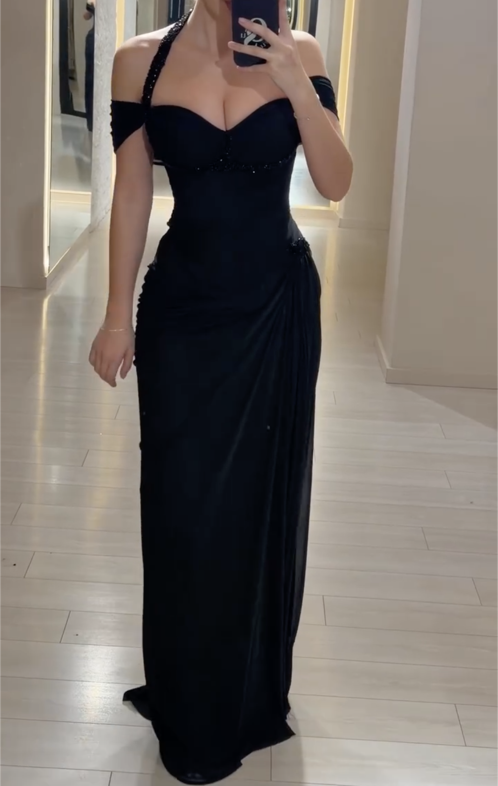 Black Halter Neck Beaded Maxi Dress with High Slit