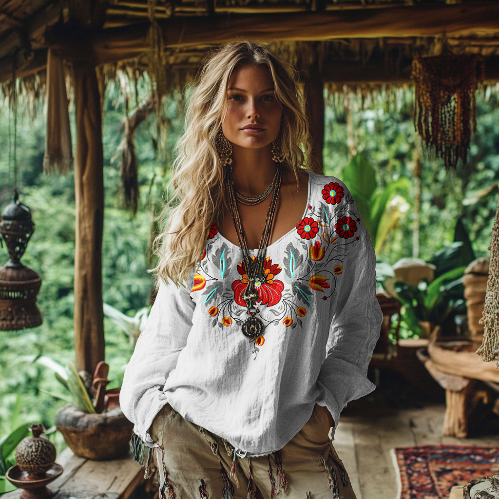 Vintage Bohemian Floral Embroidered Linen Shirt