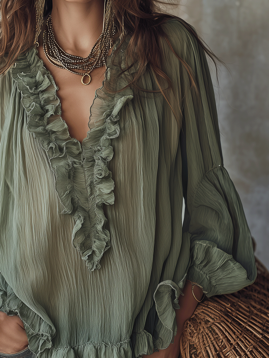 Chic Olive Green Ruffled Blouse