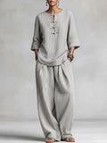 Women's Casual Minimalist Striped Ethnic Style Cotton-linen Set