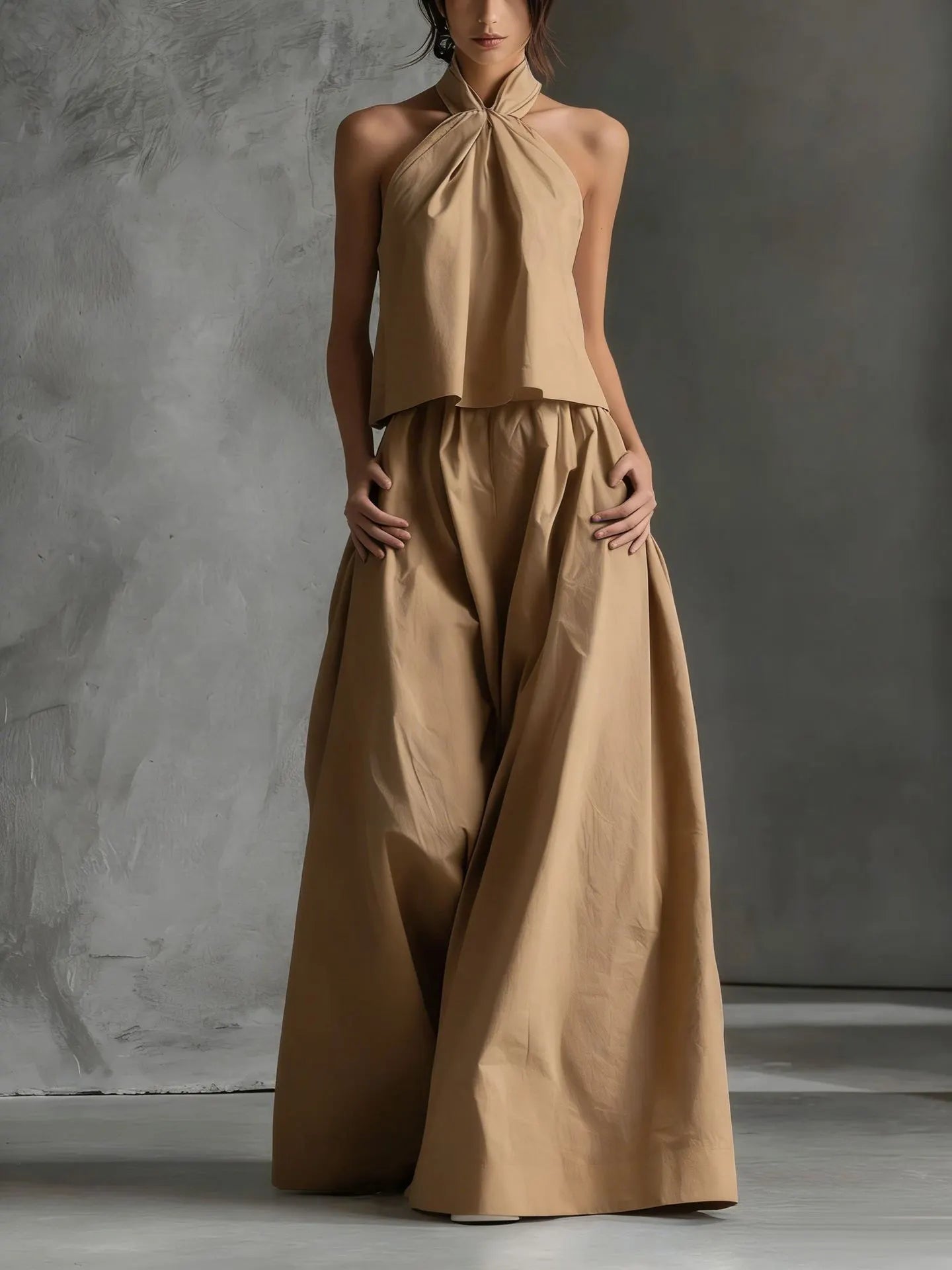 Minimalist Halter Neck Two-Piece Set - Chic Sleeveless Crop Top & High-Waisted Wide-Leg Pants Summer Suite
