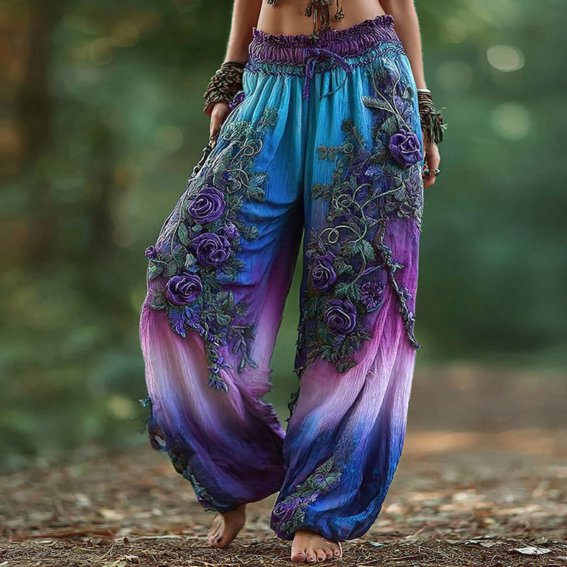 Women's Vintage Rose Floral Pattern Casual Pants