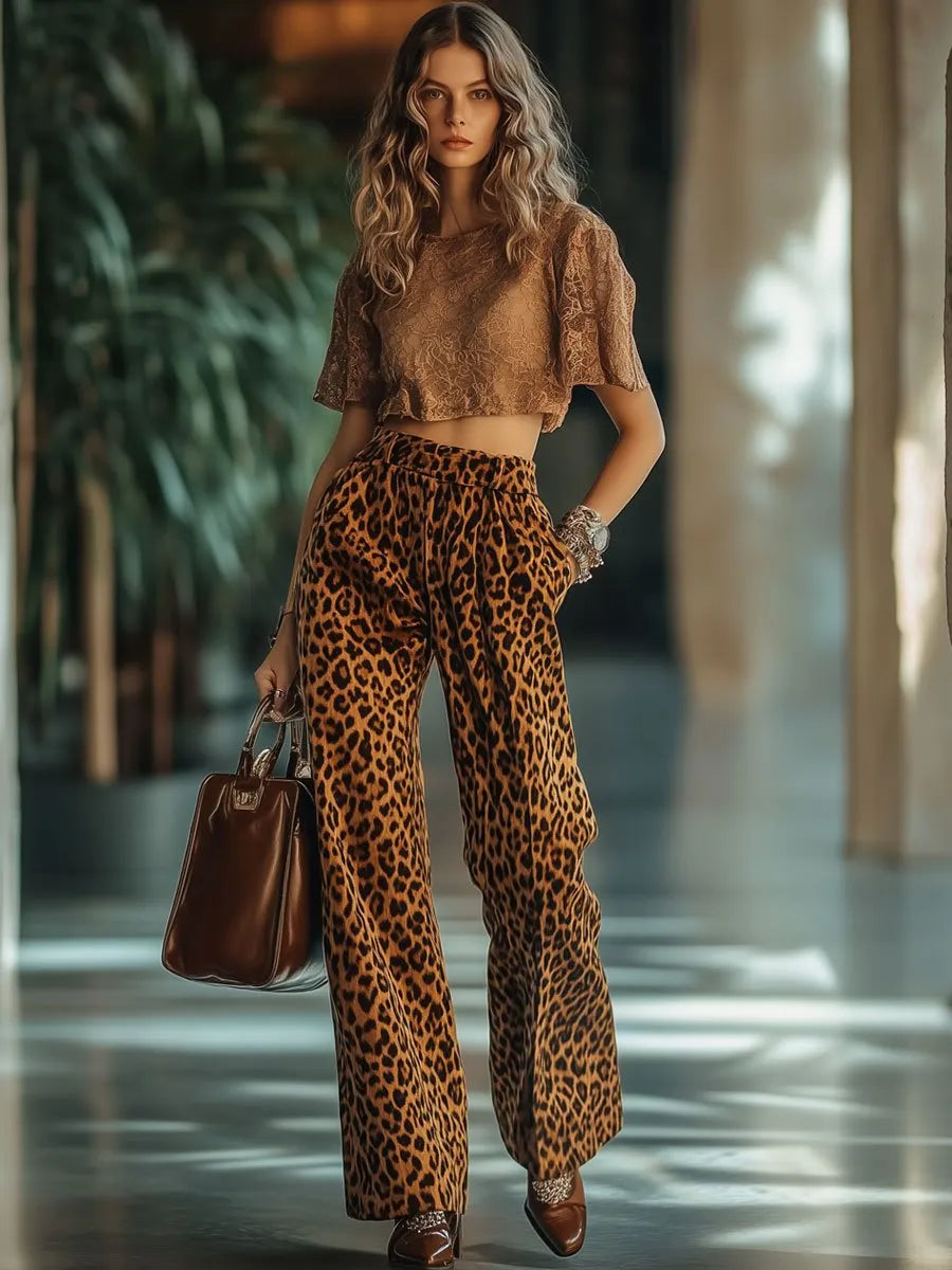 [24-hour shipping out]Casual Loose Vintage Velvet Leopard Print Pocket Elastic Waist Pants