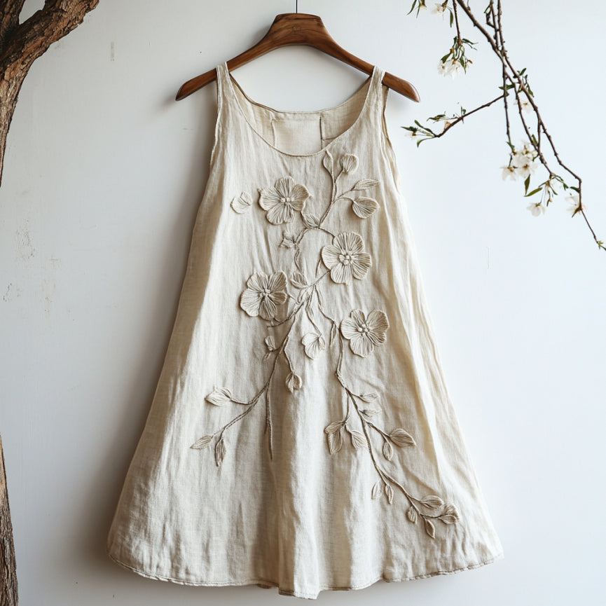Vintage Floral Embroidery Casual Linen Sleeveless Dress