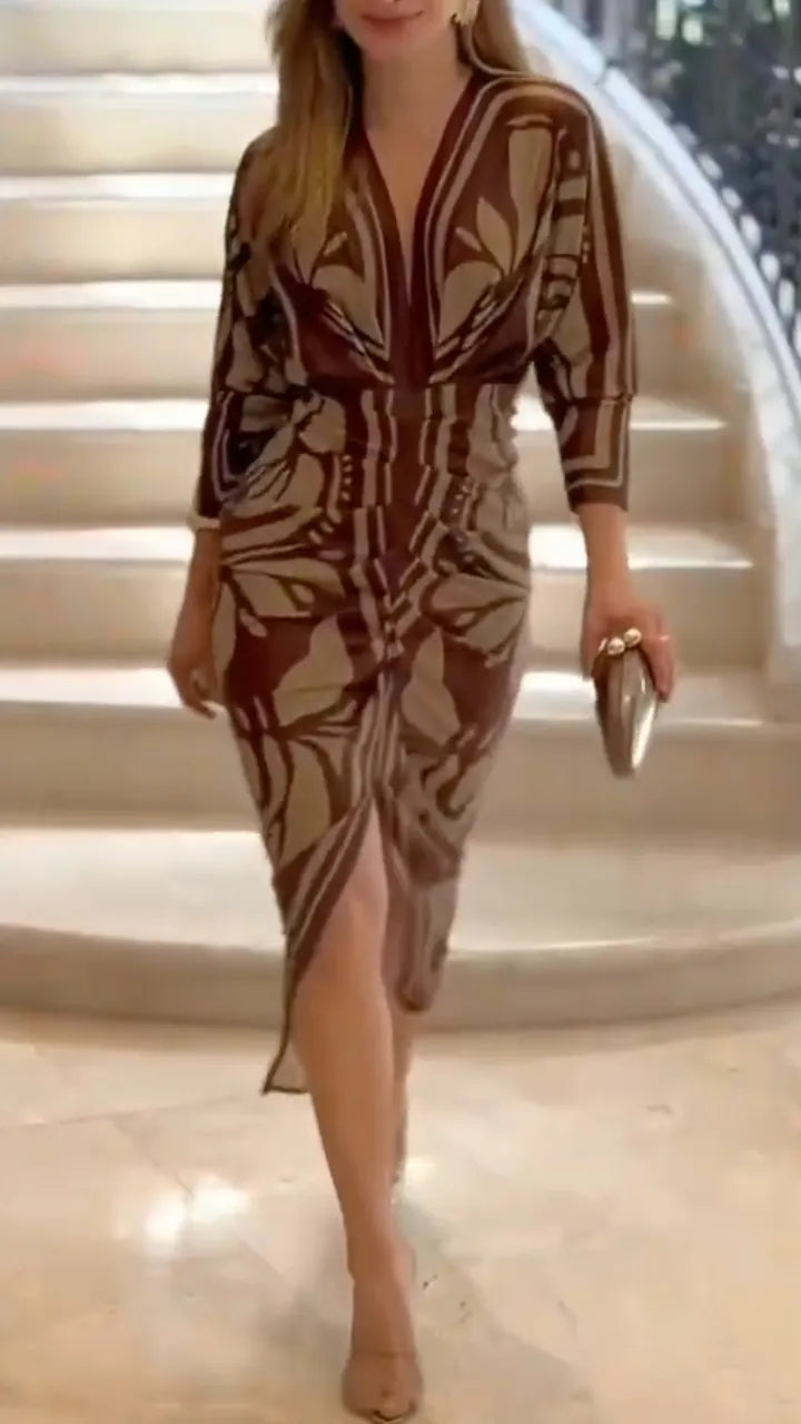 Brown V Neck Geometric Print Midi Dress