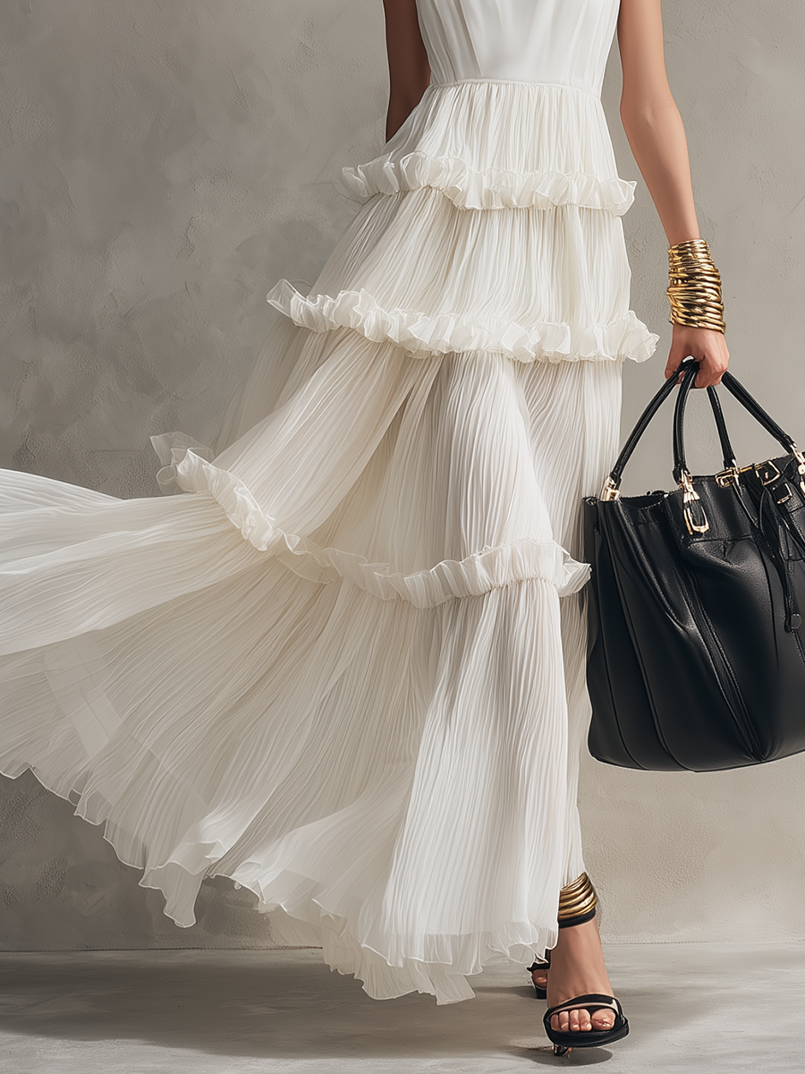 Romantic White U-Neck Pleated Tiered Maxi Dress