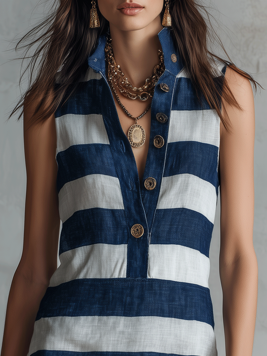 Bohemian Resort Nautical Stripe Button Halter Mini Dress