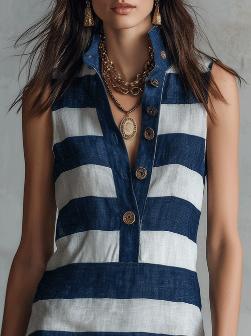 Bohemian Resort Nautical Stripe Button Halter Mini Dress